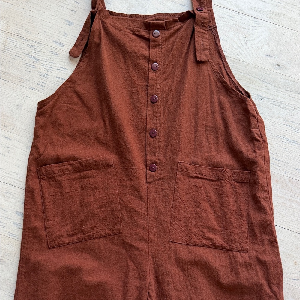 Rust Brown Button-Front Linen Blend Overalls - image 3